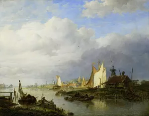 Boats on a River with a Beacon of Light by Hendrik Vettewinkel Oil Painting