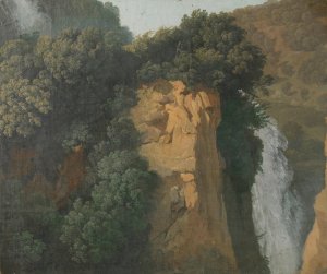 Overgrown Cliffs with a Waterfall in Italy, perhaps at Tivoli by Hendrik Voogd Oil Painting