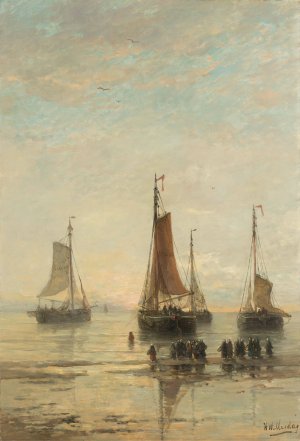 Bluff-Bowed Scheveningen Boats at Anchor by Hendrik Willem Mesdag Oil Painting