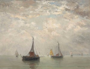 Bomschuiten in the breakers by Hendrik Willem Mesdag Oil Painting