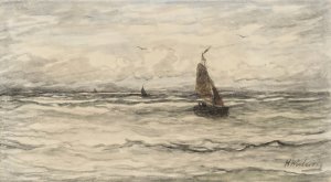 Bomschuiten op zee by Hendrik Willem Mesdag Oil Painting