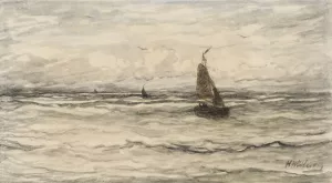 Bomschuiten op zee by Hendrik Willem Mesdag Oil Painting