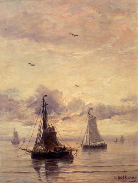Main Product Photo of Evening Anchorage Painting by Hendrik Willem Mesdag
