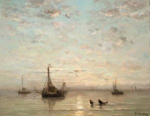 Fishing Boats At Sunset by Hendrik Willem Mesdag Oil Painting