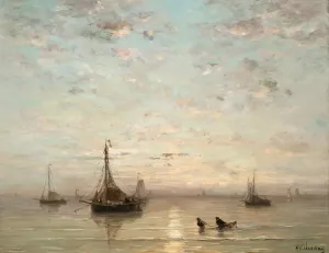 Fishing Boats At Sunset by Hendrik Willem Mesdag Oil Painting