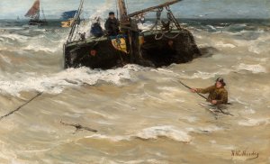 Fishing boats in the surf by Hendrik Willem Mesdag Oil Painting