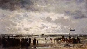 Le Depart Du Bateau De Sauvetage' Oil painting by Hendrik Willem Mesdag