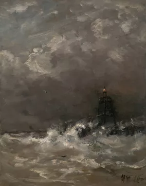 Lighthouse in Breaking Waves by Hendrik Willem Mesdag Oil Painting