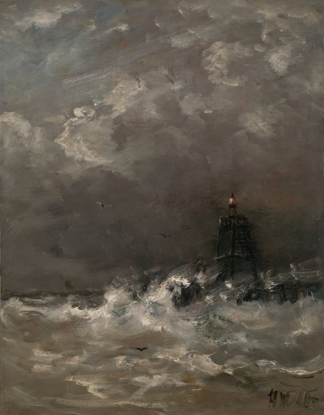 Main Product Photo of Lighthouse in Breaking Waves  Painting by Hendrik Willem Mesdag