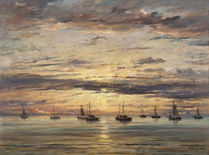 Sunset at Scheveningen - A Fleet of Fishing Vessels at Anchor by Hendrik Willem Mesdag Oil Painting