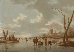 Winter Scene With Skaters On A Frozen River by Hendrik Willem Schweickardt Oil Painting