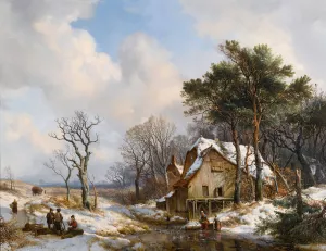 Skaters On A Frozen Stream On The Outskirts Of A Village Oil painting by Hendrikus Van De Sande Bakhuyzen