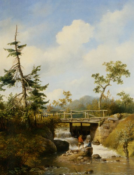 Main Product Photo of A Forest View with Figures by a Stream Painting by Hendrikus Van Den Sande Bakhuyzen