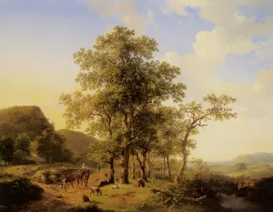 A Treelined River Landscape with Figures and Cattle an a Path painting by Hendrikus Van Den Sande Bakhuyzen
