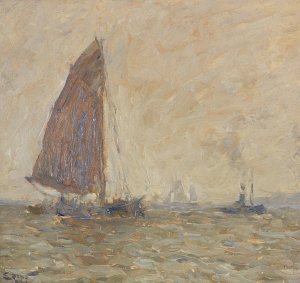 Segelkutter und Barkasse auf der Elbe by Henning Edens Oil Painting