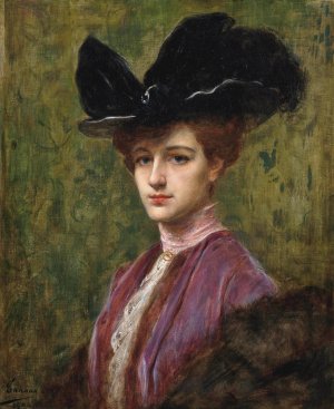 An elegant lady in a black hat by Henri Adrien Tanoux Oil Painting