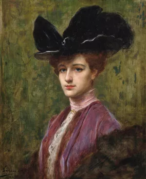 An elegant lady in a black hat by Henri Adrien Tanoux Oil Painting