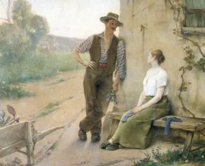 Peasant Couple in Farmyard by Henri Adriene Tanoux - Oil Painting Reproduction