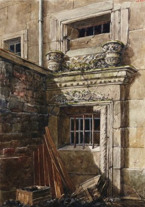 Fenetre ornee de sculptures, courette a charbon d'une maison sise 27 rue du Jour by Henri Berthaut Oil Painting