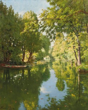 Punts moored on still waters by Henri Biva Oil Painting