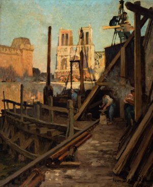 Les travaux du metropolitain au quai Saint-Michel by Henri Dabadie Oil Painting