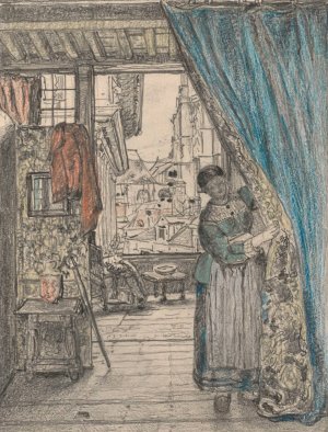 The Woman at the Curtain by Henri De Braekeleer Oil Painting