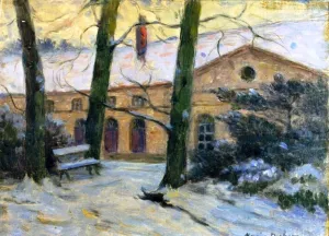 Bench Beside a Building in the Snow painting by Henri Duhem