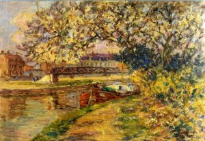 Canal Boat with Flowering Tree