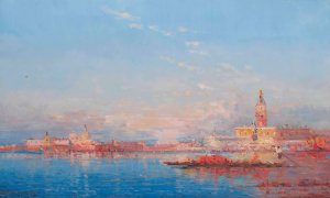 A trading vessel on the Venetian lagoon by Henri Duvieux Oil Painting