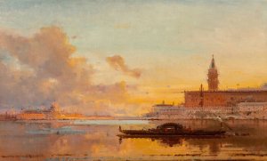 A view of the Doge's Palace at sunset by Henri Duvieux Oil Painting