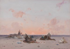 Sunset in the desert over a Bedouin camp by Henri Duvieux Oil Painting