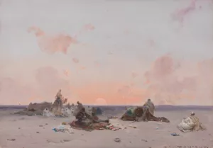 Sunset in the desert over a Bedouin camp by Henri Duvieux Oil Painting
