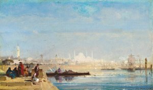 Turks waiting at a quay on the Bosphourus, Istanbul by Henri Duvieux Oil Painting