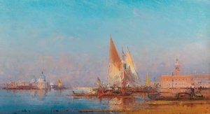 Venice, a view of Santa Maria della Salute at sunset by Henri Duvieux Oil Painting
