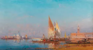 Venice, a view of Santa Maria della Salute at sunset by Henri Duvieux Oil Painting