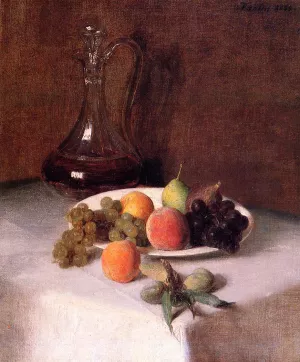 A Carafe of Wine and Plate of Fruit on a White Tablecloth Oil painting by Henri Fantin-Latour