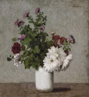 Flower Still Life, Autumn Chrysanthemums In A White Vase Oil painting by Henri Fantin-Latour