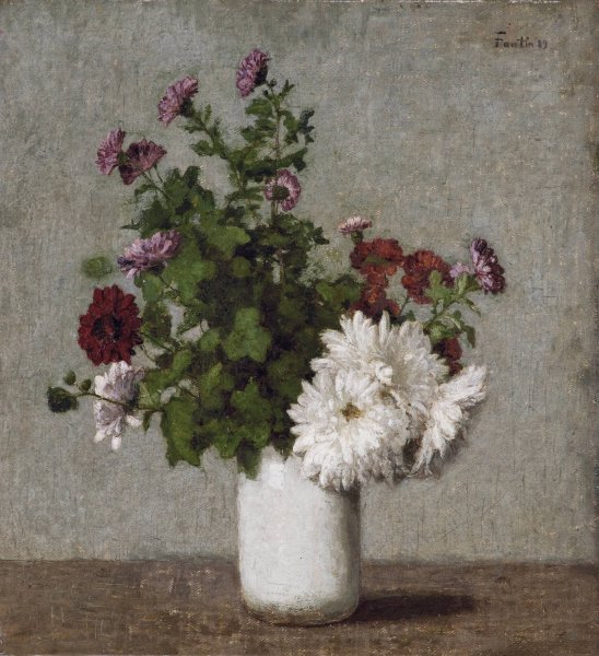 Main Product Photo of Flower Still Life, Autumn Chrysanthemums In A White Vase  Painting by Henri Fantin-Latour
