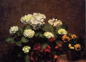 Hydrangias, Cloves and Two Pots of Pansies by Henri Fantin-Latour - Oil Painting Reproduction