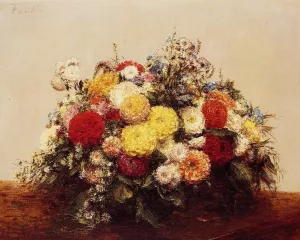 Large Vase of Dahlias and Assorted Flowers by Henri Fantin-Latour - Oil Painting Reproduction