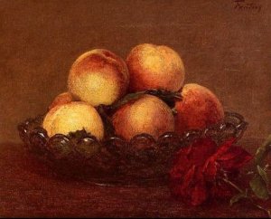 Nature Morte: Peches dans une Coupe de Verre, une Rose Fonces avec des Feuilles a Droite by Henri Fantin-Latour Oil Painting