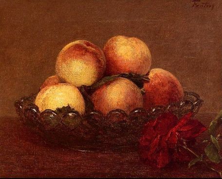 Main Product Photo of Nature Morte: Peches dans une Coupe de Verre, une Rose Fonces avec des Feuilles a Droite Painting by Henri Fantin-Latour