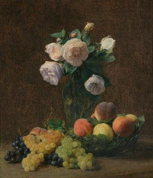 Nature Morte; Vase De Roses, Peches Et Raisins by Henri Fantin-Latour Oil Painting