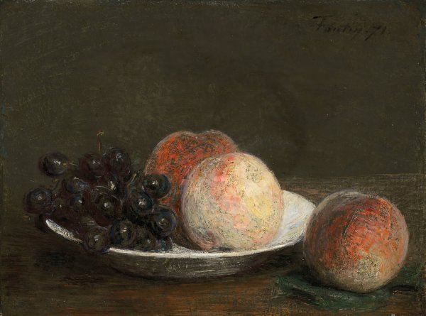 Main Product Photo of Peaches and grapes in a porcelain bowl  Painting by Henri Fantin-Latour