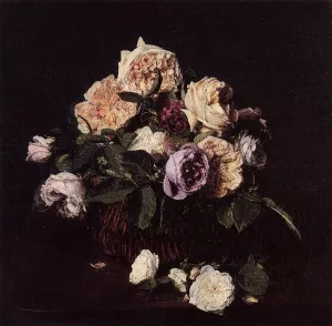 Roses in a Basket on a Table by Henri Fantin-Latour Oil Painting