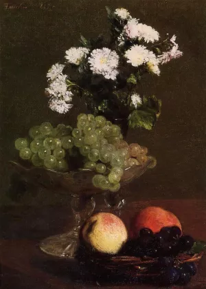 Still Life: Chrysanthemums and Grapes by Henri Fantin-Latour - Oil Painting Reproduction