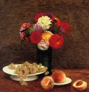 Still Life: Dahlias, Grapes and Peaches by Henri Fantin-Latour - Oil Painting Reproduction