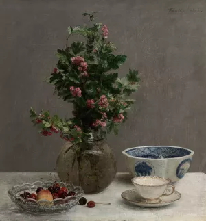 Still Life with Vase of Hawthorn, Bowl of Cherries, Japanese Bowl, and Cup and Saucer Oil painting by Henri Fantin-Latour
