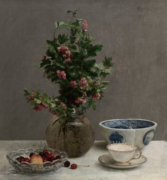 Main Product Photo of Still Life with Vase of Hawthorn, Bowl of Cherries, Japanese Bowl, and Cup and Saucer  Painting by Henri Fantin-Latour