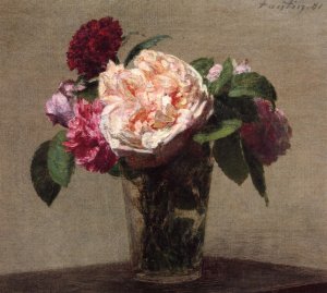 Tea Roses and Red Roses in a Glass by Henri Fantin-Latour Oil Painting